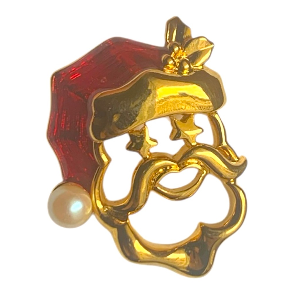 Vintage Avon Santa Red Enamel & Faux White Pearl Lapel Pin Brooch 1 1/2”H x 1”W